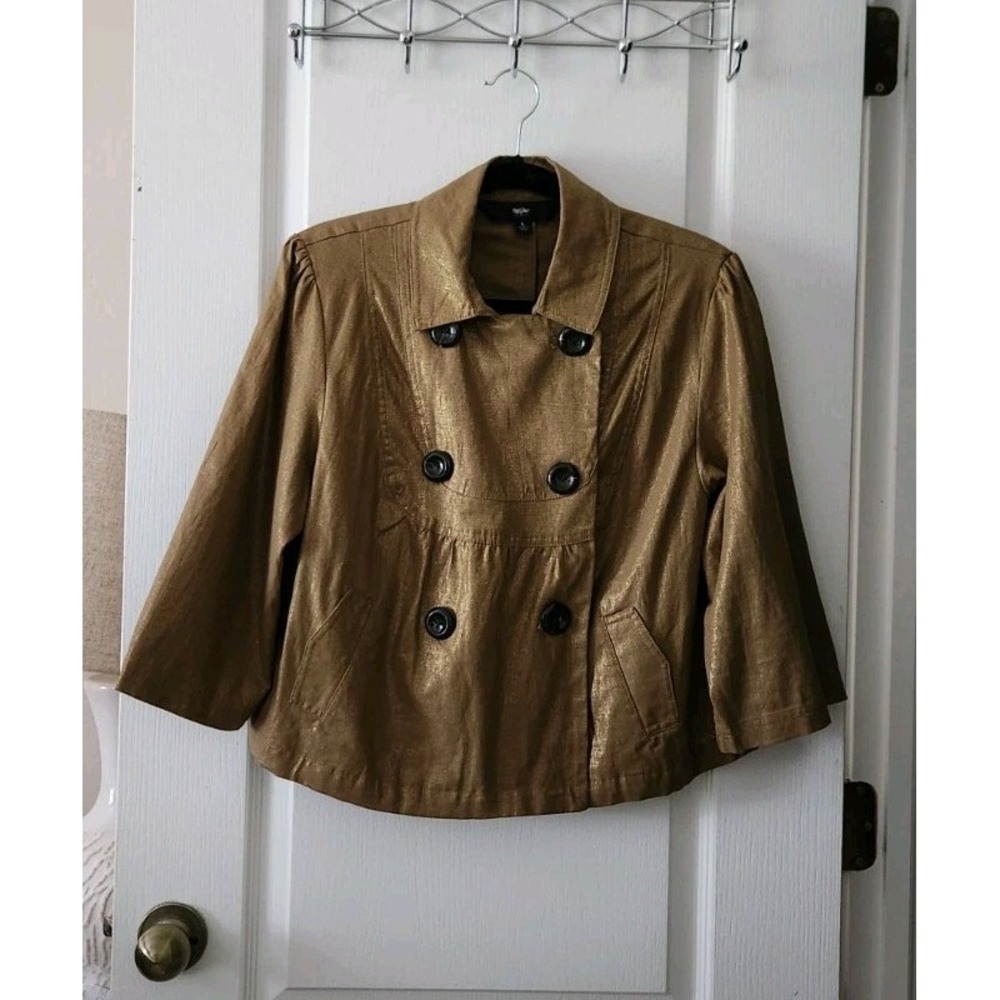 Mossimo Double Breasted Collared‎ 3/4 Sleeve Crop Blazer Top Brown Gold Size L